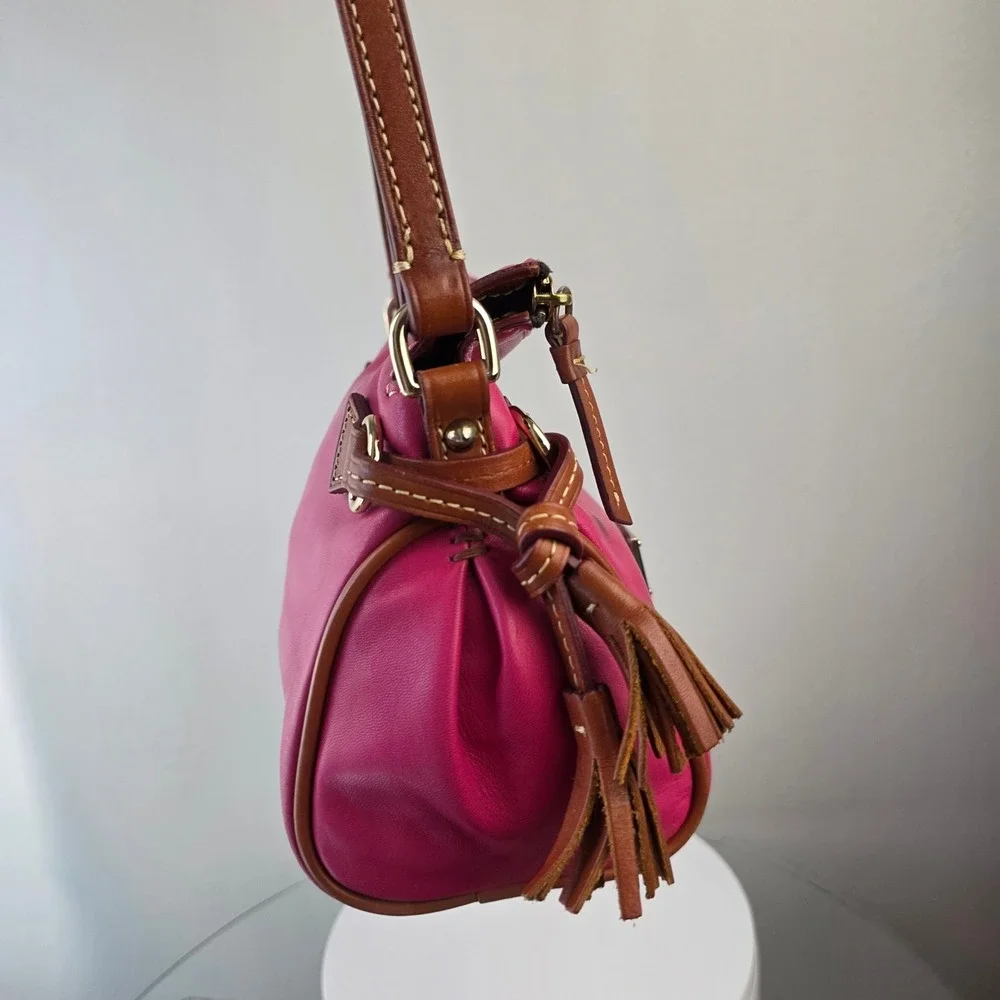 Dooney & Bourke Lambskin Leather Crossbody Bag Fuschia Brown Trim Tassels Rare - Picture 6 of 16